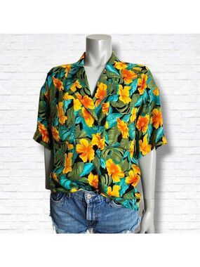 Vintage Silk Hawaiian Yellow Birds Of Paradise Print Short Sleeve Top Size 8